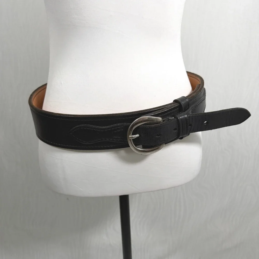 Vintage Leather Wide Waist Belt Womens 34 Black Good Western Cinch Horseshoe
